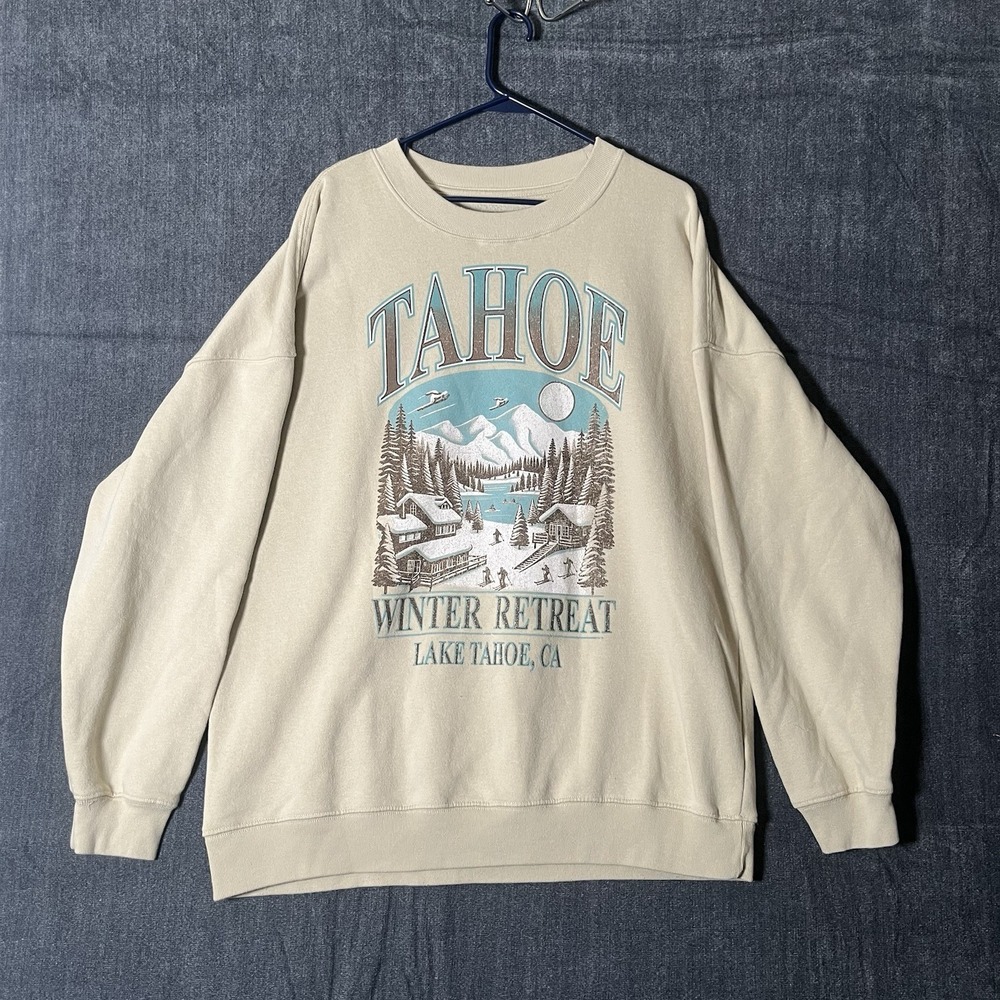 State Of Mine Sweatshirt Mens XL Beige Tahoe Winter Retreat Lake Tahoe Graphic